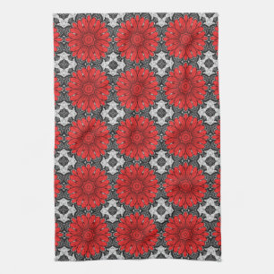 Geometrische Daisy Pattern in Red Black & White Theedoek