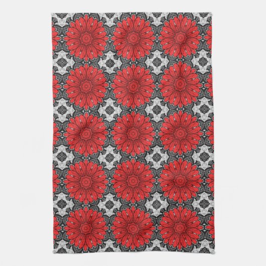 Geometrische Daisy Pattern in Red Black & White Theedoek (Verticaal)