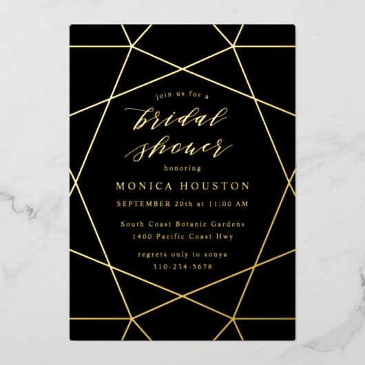 Geometrische Diamant Elegante Zwarte Bruiloft Goud Folie Uitnodiging (Voorkant)