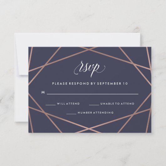 Geometrische Diamond Wedding RSVP op Midnight Blue (Voorkant)