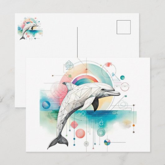 Geometrische Dolfijn Briefkaart met Waterverf Eleg (Voorkant / Achterkant)