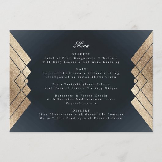 Geometrische Donkerblauwe Gouden Gatsby Bruiloft Menu (Voorkant)
