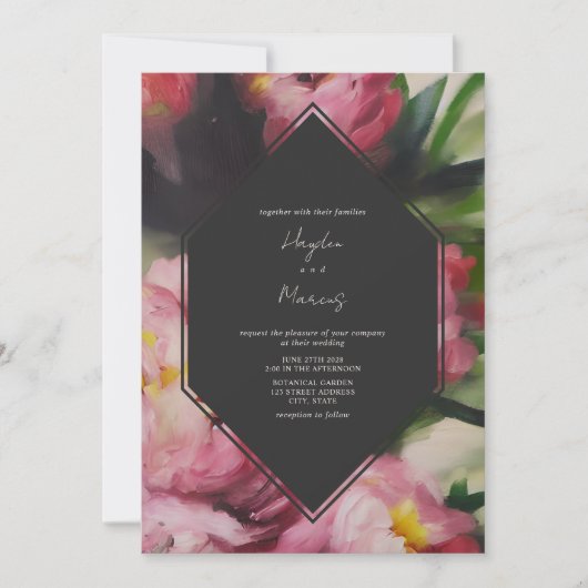 Geometrische donkere bloemige botanische bruiloft kaart (Voorkant)