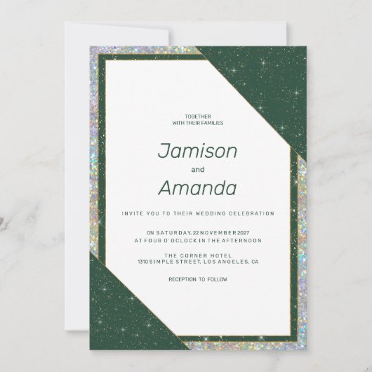 Geometrische donkergroen goud sparkle glitter brui kaart (Voorkant)