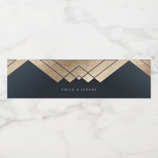 Geometrische donkerzeemacht Gold Gatsby Weddenscha Waterfles Etiket (Enkel label)