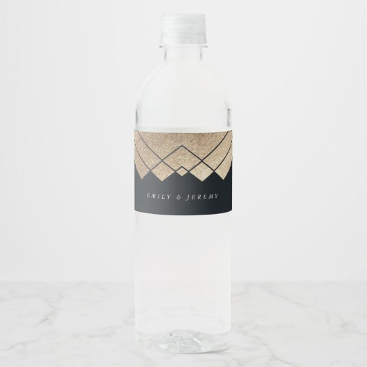 Geometrische donkerzeemacht Gold Gatsby Weddenscha Waterfles Etiket (Voorkant)