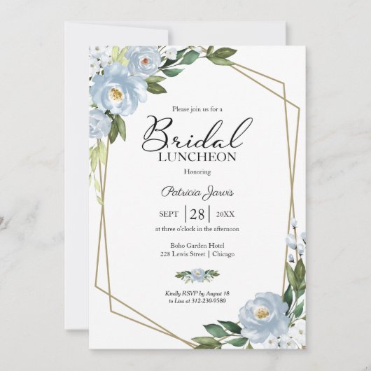 Geometrische Dusty Blue Floral Bridal Luncheon Kaart (Voorkant)