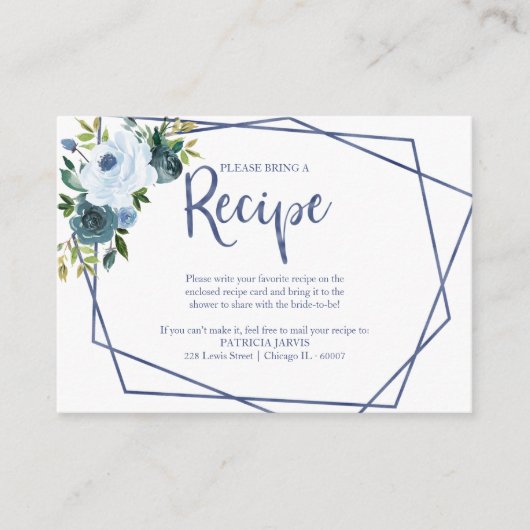 Geometrische Dusty Blue Floral Recept Aanvraag Informatiekaartje (Voorkant)