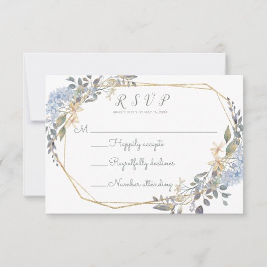 Geometrische Dusty Blue Floral Wedding RSVP Kaart (Voorkant)