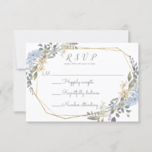 Geometrische Dusty Blue Floral Wedding RSVP Kaart