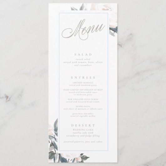 Geometrische Dusty Blue Peony Wedding Menu (Voorkant)