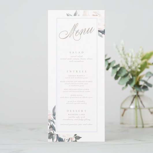 Geometrische Dusty Blue Peony Wedding Menu (Staand voorkant)