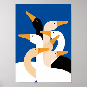 Geometrische Eend Kudde Kunstprint Krachtig Blauw  Poster