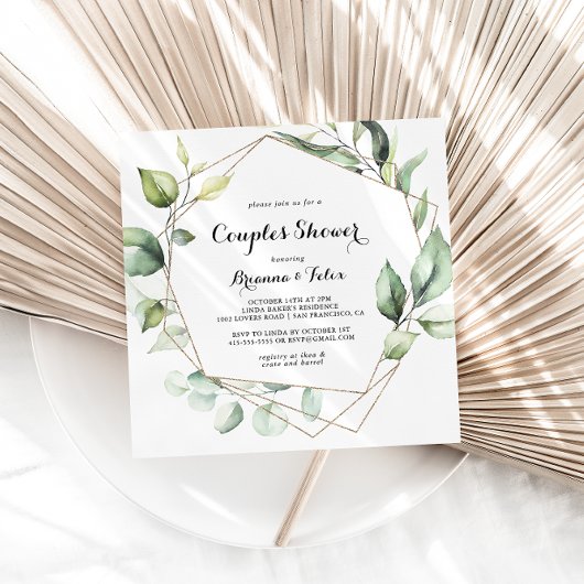 Geometrische Elegant Gold Greenery Couples Shower Kaart