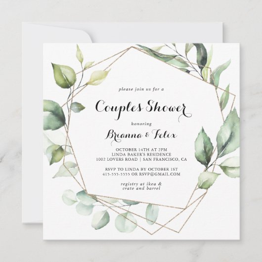 Geometrische Elegant Gold Greenery Couples Shower Kaart (Voorkant)