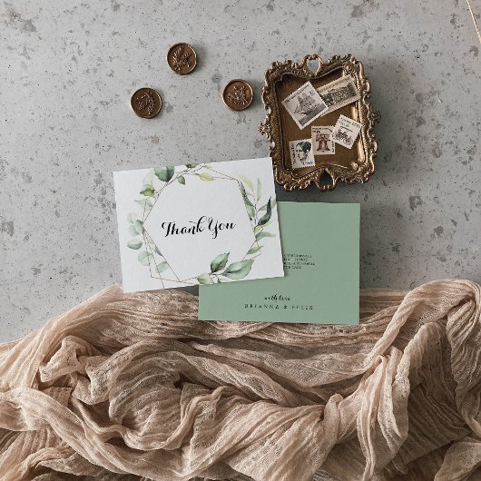 Geometrische Elegante Gouden Groene Platte Huwelij Bedankkaart