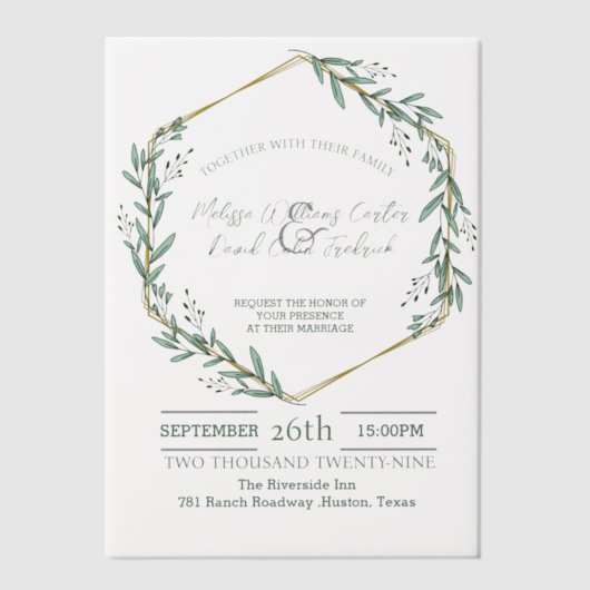 Geometrische eucalyptus botanische groen bruiloft vellum uitnodigingen (Voorkant)