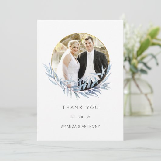 Geometrische eucalyptus bruiloft foto collage bedankkaart (Staand voorkant)