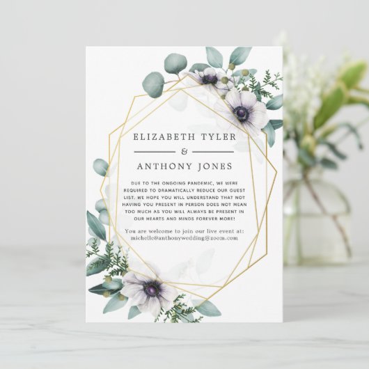 Geometrische eucalyptus bruiloft met beperkte gast aankondiging (Staand voorkant)