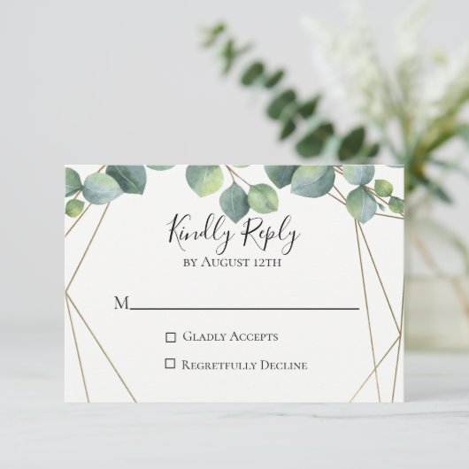 Geometrische Eucalyptus bruiloft RSVP Kaart (Staand voorkant)