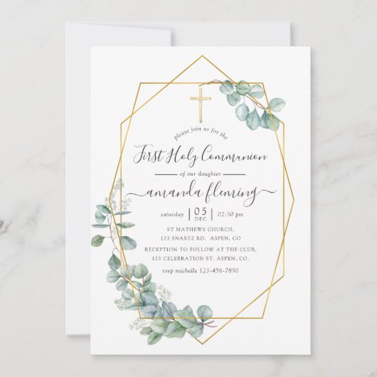 Geometrische Eucalyptus First Heilige Communie Kaart (Voorkant)