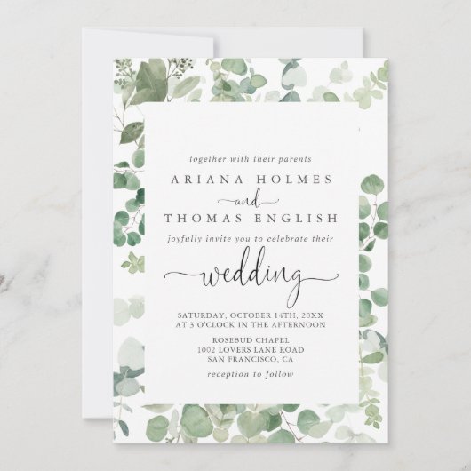 Geometrische Eucalyptus Front & Back Wedding Kaart (Voorkant)