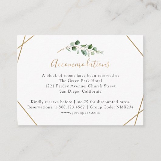 Geometrische Eucalyptus Greenery Accommodatie Informatiekaartje (Voorkant)