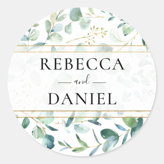 Geometrische Eucalyptus Greenery Personalized Wedd Ronde Sticker (Voorkant)