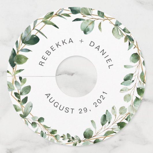 Geometrische Eucalyptus Groene Persoonlijke Trouwd Wijnglaslabel (Voorkant)