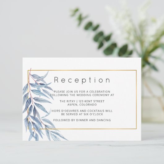 Geometrische eucalyptus verlaat bruiloft receptie informatiekaartje (Staand voorkant)