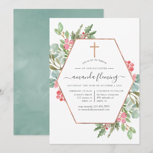 Geometrische Eucalyptuskerstbaptisme/Christening Kaart (Voorkant / Achterkant)