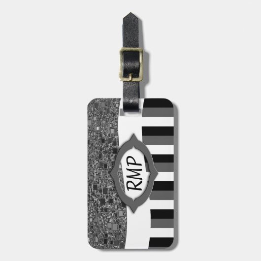 Geometrische Faux-chroom met zwarte en witte strep Bagagelabel (Voorkant verticaal)