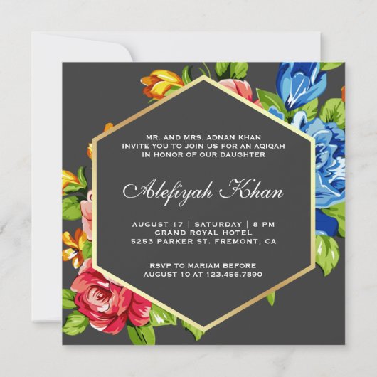 Geometrische Faux Gold Vibrant Floral Islamic Aqiq Kaart (Achterkant)
