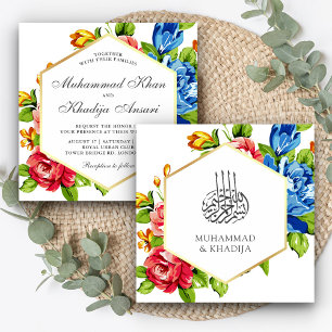 Geometrische Faux Gold Vibrant Floral Islamic Wedd Kaart