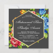 Geometrische Faux Gold Vibrant Floral Islamic Wedd Kaart (Achterkant)