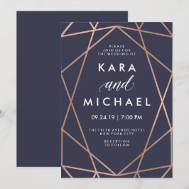 Geometrische Faux Roos Gold op Midnight Blue Weddi Kaart