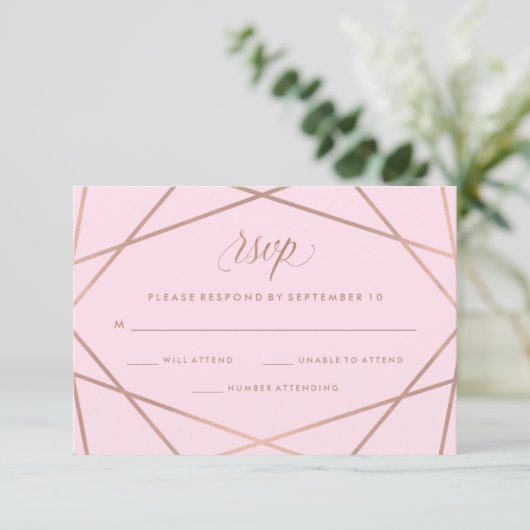 Geometrische Faux Roos Goud en Roze Huwelijk RSVP (Staand voorkant)