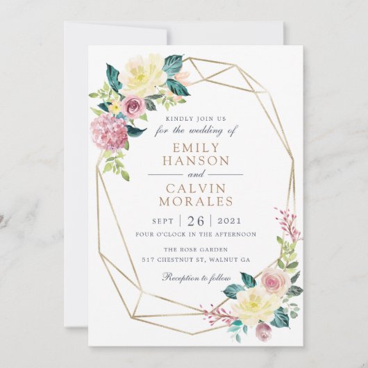 Geometrische Floral Blush Yellow Greenery Gold Lij Kaart (Voorkant)