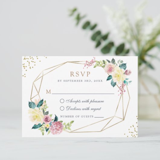 Geometrische Floral Blush Yellow Greenery Gold RSV Kaart (Staand voorkant)