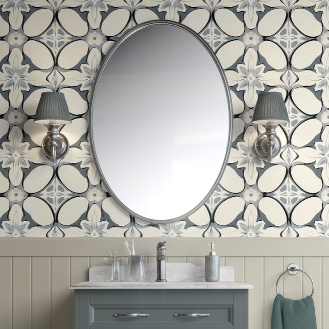 Geometrische Floral Elegance - Grijs, Cream - Mode Behang (Chic Geometric Bloom Peel and Stick Wallpaper)