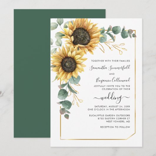 Geometrische Floral Greenery Sunflower Wedding Kaart (Voorkant / Achterkant)