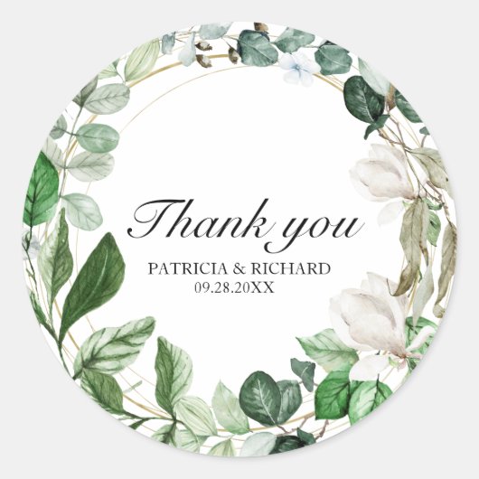 Geometrische Floral Greenery Wedding Dank je Ronde Sticker (Voorkant)