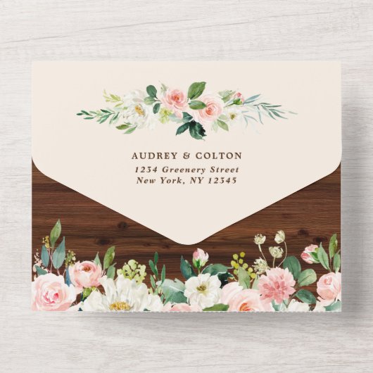 Geometrische Floral Rustic Wood Weddenschap All In One Uitnodiging (Achterkant)