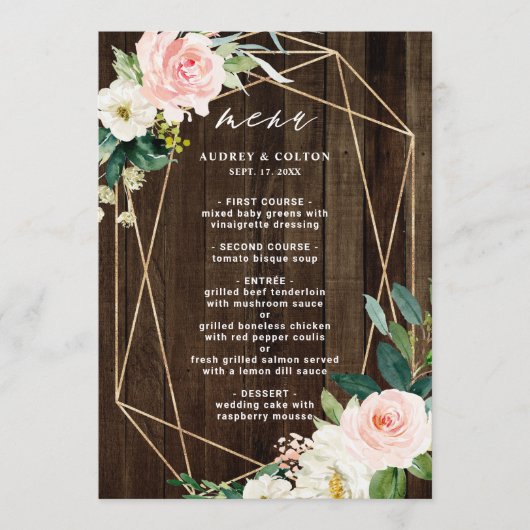 Geometrische Floral Rustic Wood Weddenschap Menu (Voorkant)