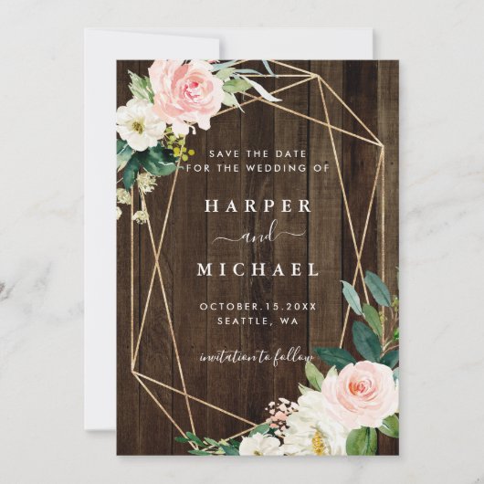 Geometrische Floral Rustic Wood Weduwfoto Save The Date (Voorkant)