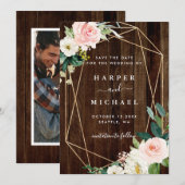Geometrische Floral Rustic Wood Weduwfoto Save The Date (Voorkant / Achterkant)
