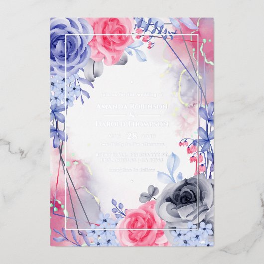 Geometrische Floral Silver Ink Wedding Folie Uitnodiging (Voorkant)