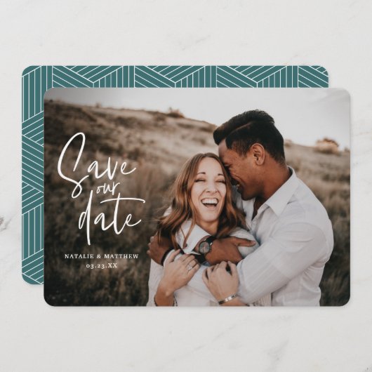 Geometrische foto en scriptbruiloft save the date (Voorkant / Achterkant)