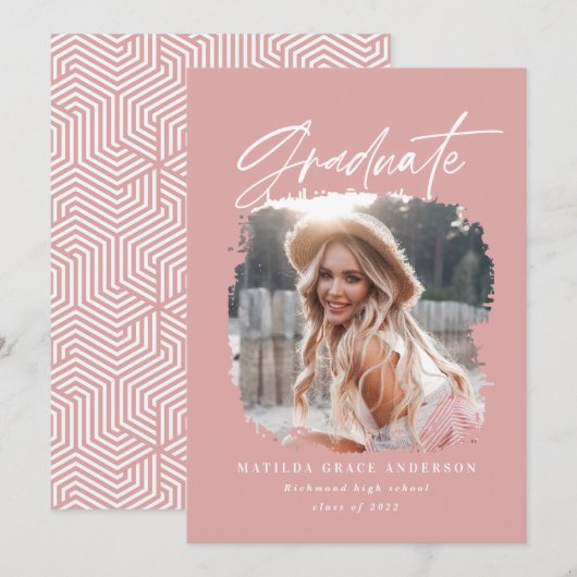 Geometrische foto girly roze script afstuderen aankondiging (Voorkant / Achterkant)