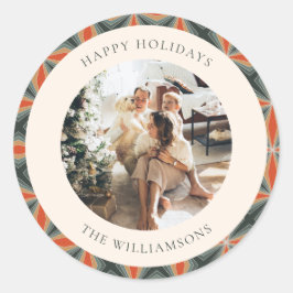 Geometrische foto met kerstrood groen midden ronde sticker